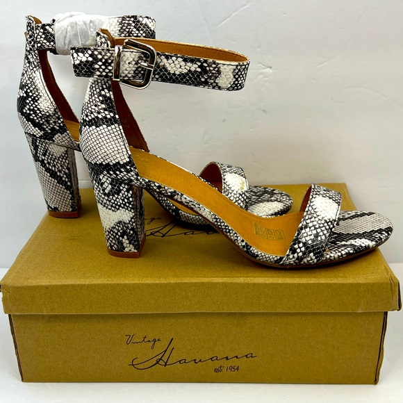 VINTAGE HAVANA,BLACK & WHITE SNAKE PRINT OPEN TOE MIDTOP, ADJUSTABLE ANKLE LOOP - Picture 4 of 15